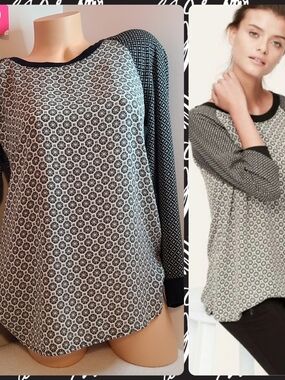 LOFT Mixed Media Geometric Chiffon Long Sleeve Blouse Size Sm